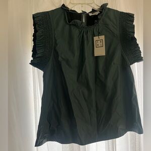 THML teal blue Ruffle Sleeve Blouse high  class work trip date top faux leather